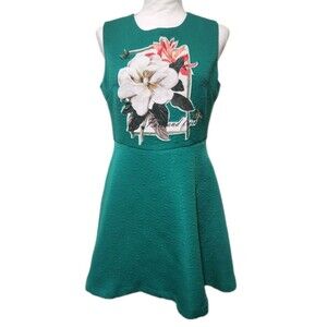 La Go Go Dress A-Line Fit-n-Flare Dress, Kelly Green Floral Applique Jewels M